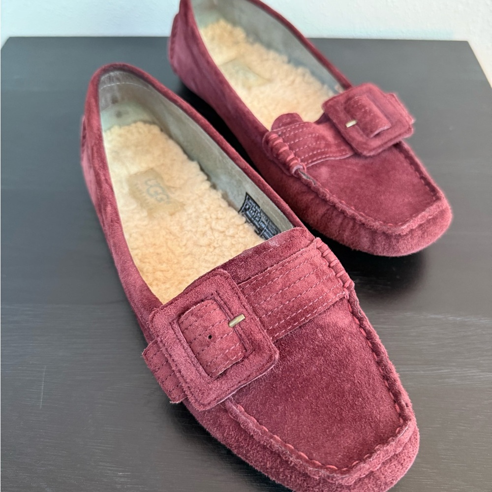 UGG Alloway Burgundy Suede Shearling Driving Moccasins Loafers Women 6